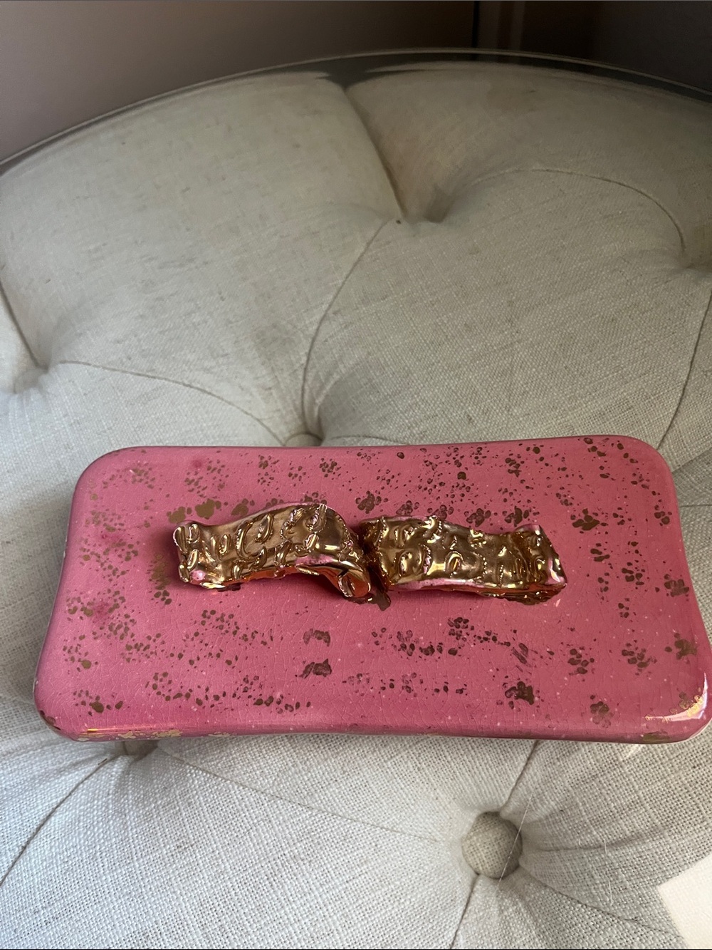 Vintage Hollywood Regency Pink Gold Metallic Handle Specs Jewelry Trinket Box - Picture 2 of 16